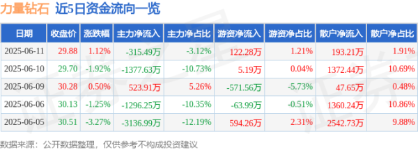 安联 股票行情快报：力量钻石（301071）6月11日主力资金净卖出315.49万元